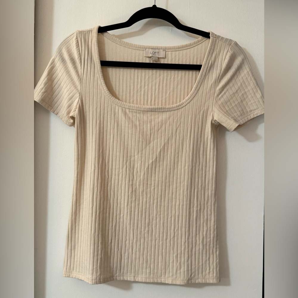 NWOT Loft Off White Ribbed Knit Scoop Neck Tee XS